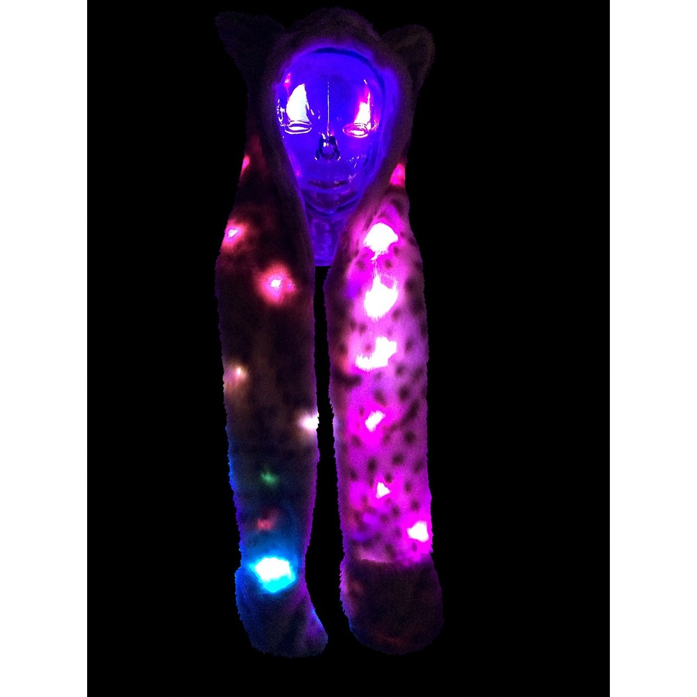 LED Light Up Snow Leopard Hat Scarf Gloves Faux Fur Spirit Hood w/ Paws Cosplay - Picture 5 of 9